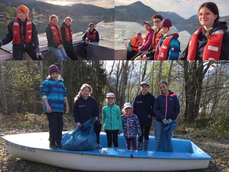 Eine Collage aus drei Fotos auf denen Jugendmitglieder der Wasserwacht Schliersee während der Seeuferreinigung zu sehen sind. Sie sitzen auf dem Motorrettungsboot mit Rettungswesten uns posieren auf einem alten Ruderboot mit den gefüllten Müllsäcken. 