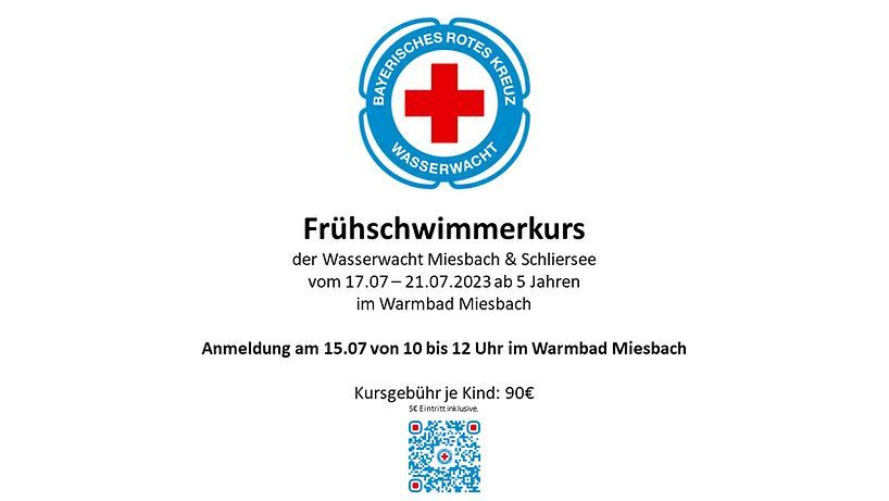 Informationen zu dem Schwimmkurs 2023 wie im Text au der Homepage,gelayoutet mit BRK-Wasserwacht-Logo