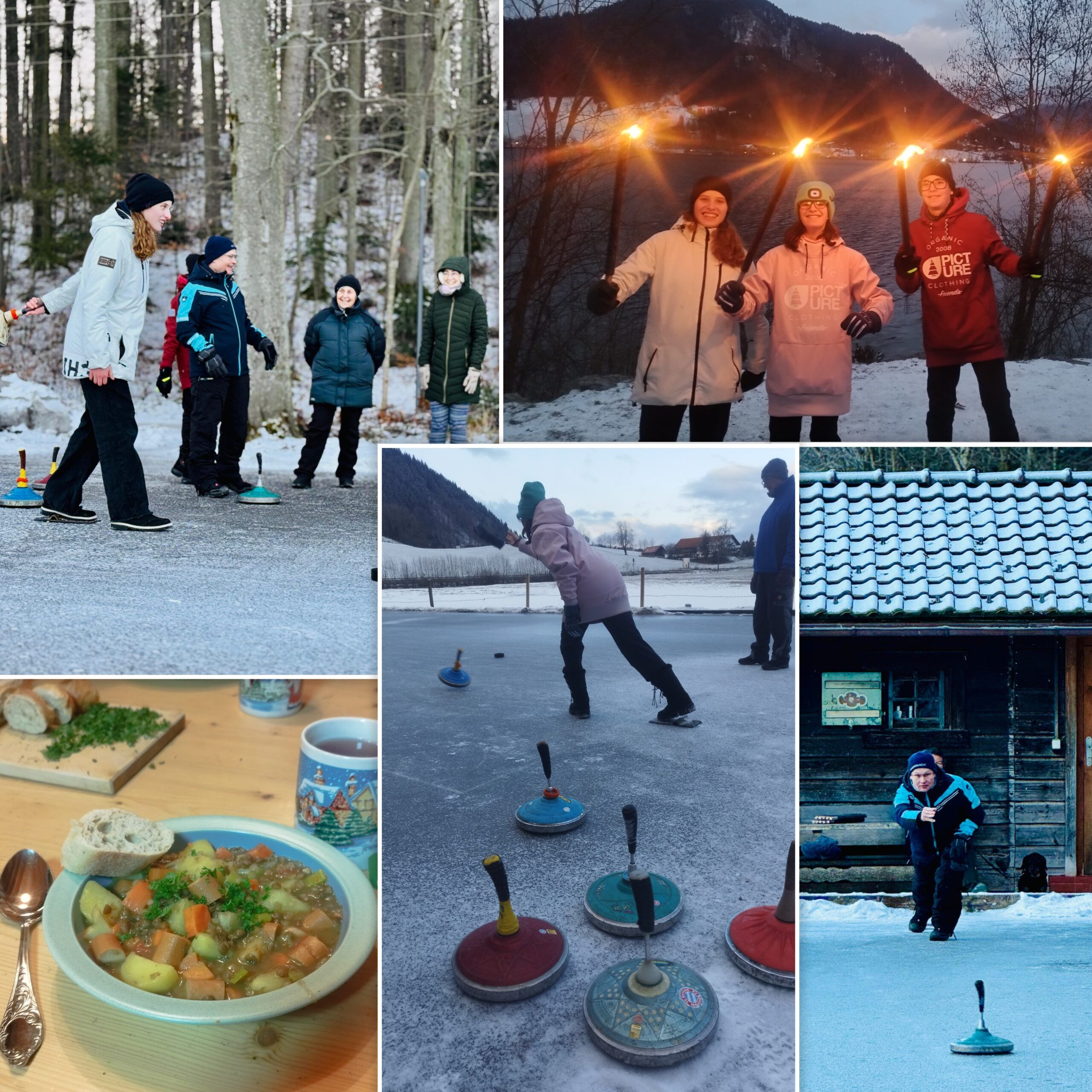Collage mit Fotos von Jugendlichen beim Eisstockschießen, Fackelwandern um den Schliersee und Eintopf
