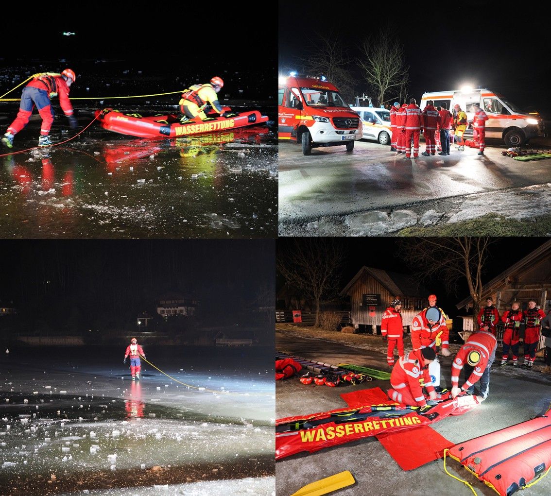 Collage aus vier Bildern von der Eisrettungsübung mit Mitglieder von Wasserwacht und Feuerwehr in Einsatzkleidung, die im Dunklen mit SEG-Fahrzeugen und Eisrettungsschlitten üben