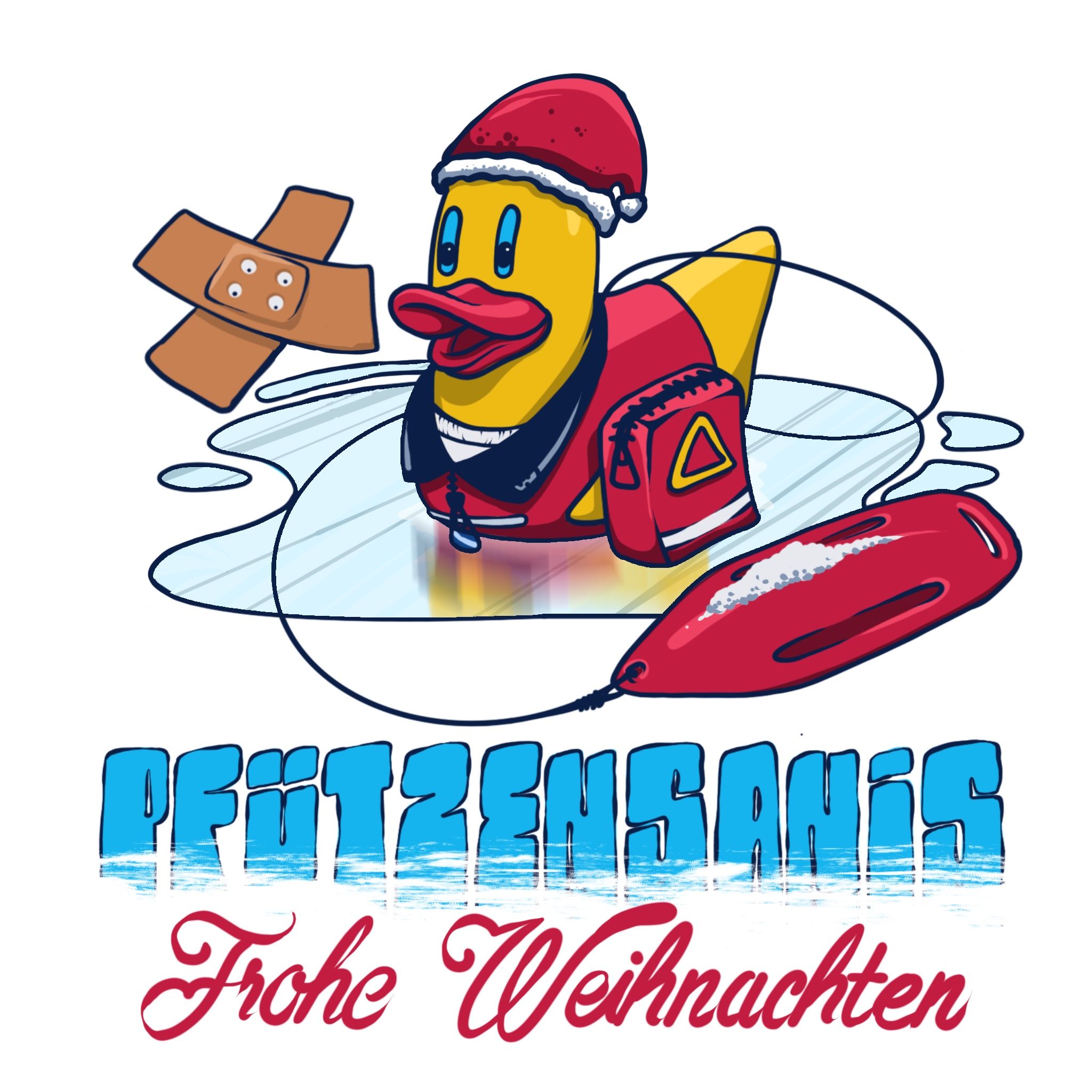 Eine als Wasserretter gekleidete Ente, das Maskottchen der Pfützensanis, wünscht Frohe Weihnachten.