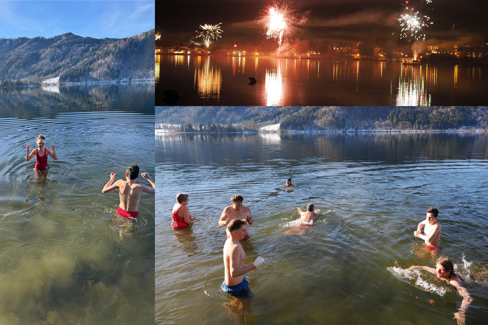 Collage mit drei Bildern. Zwei davon Schwimmer in Badekleidung im Schliersee, eines mit Feuerwerk über dem nächtlichen See