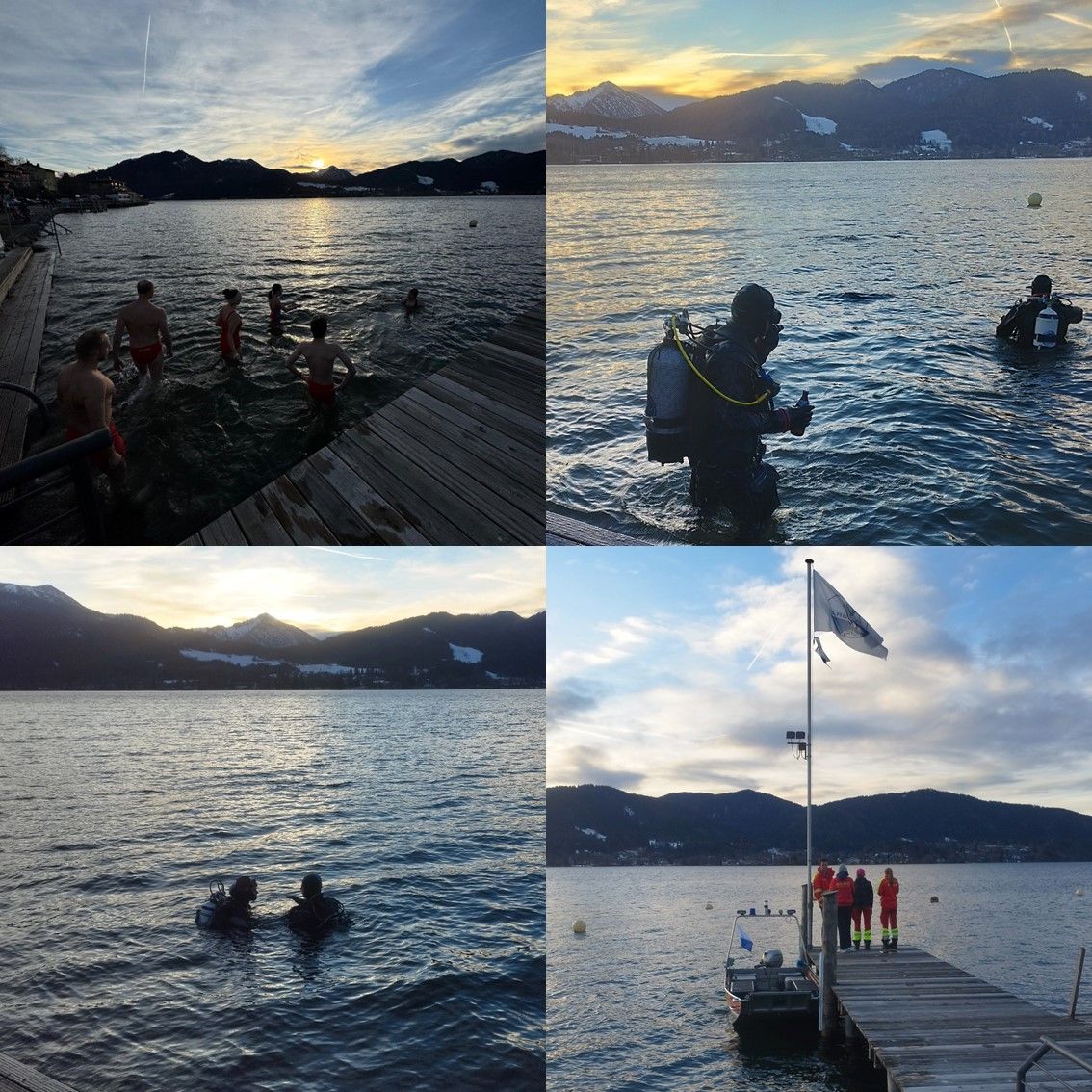 Collage mit vier Bildern auf denen Taucher und Schwimmer im Tegernsee an der Wachstation der DLRG zu sehen sind